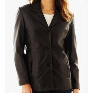 Excelled Collection Women's Black Leather jacket Front Button Coat Size Large